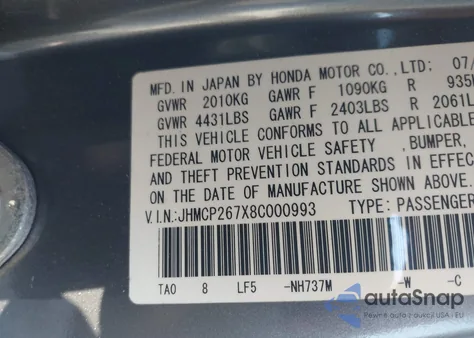 2008 Honda Accord 2.4 Ex из США, поврежденный, VIN JHMCP267X8C000993